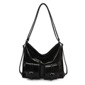 Glossy black large hobo bag with front buckle pockets and adjustable long shoulder straps - Black