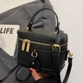 Minimalist black lychee leather box bag with gold hardware and detachable strap - Black - Without Pendant