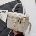 Minimalist white lychee textured box handbag with gold zipper and shoulder strap - Off-white - No Pendant