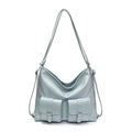 Metallic blue faux leather tote bag with double front pockets and adjustable straps - Blue