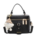 Minimalist black box bag in litchi grain leather with gold hardware and plush charm - Black With Khaki Hat Plush Charm
