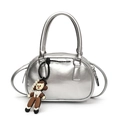 Silver metallic bowling handbag with cute cartoon charm and faux pearl decorative chain - Silver