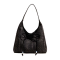Grand sac cabas noir pailleté en denim avec nœud en cuir et breloques perlées - Noir