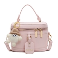 Pink lychee grain box bag with top handle and a cute crochet plush doll keychain - Pink With Khaki Hat Plush Charm