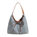 Sac fourre-tout en denim avec anses en cuir marron et nœud à breloques perlées - Marron