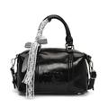 Glossy black vintage Boston bag with letter embossing and lace bow ribbon decor - Silver Heart Charm / Black