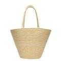 Minimalist beige woven tote bag with gold metallic threads and circular handles - Off White