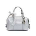 Light gray Boston bag with bow ribbon and heart pendant in matte faux leather - Silver Heart Charm / Blue