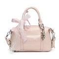 Pink glossy faux leather Boston bag with decorative lace bow and heart-shaped pendant - Silver Heart Charm / Pink