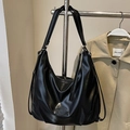 Minimalist black shiny faux leather large hobo shoulder bag with a metal logo tag - Black - Without Pendant