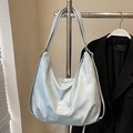 Minimalist light blue soft leather tote bag with large capacity and polished finish - Blue - Without Pendant