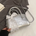 Silver minimalist pillow bag with lace bow detail and adjustable shoulder strap - No Pendant / Silver