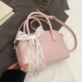 Pink faux leather pillow handbag with white lace bow and adjustable crossbody strap - No Pendant / Pink