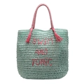 Grüne gewebte Strohtasche mit rosa SWIM AND TONIC Bestickung und rosa Griffen - Blau