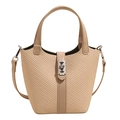 Stroh-Eimertasche mit lohfarbenem Leder, Silberverschluss und Umhängeriemen - Khaki
