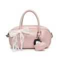 Sac à main bowling rose brillant avec nœud en dentelle blanche et pendentif cœur - Rose + Cœur en PU Assorti