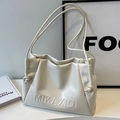 Elegante borsa tote in morbida pelle bianco crema con coulisse e scritte in rilievo - Senza Ciondolo / Bianco Sporco