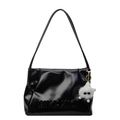 Minimalist black glossy faux leather tote bag with MIKAXIQI logo and white furry monster charm - With Charm / Black