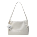 Minimalist beige soft leather tote bag with MIKAXIQI logo and cute plush monster pendant - With Charm / Off White