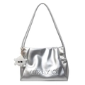 Silver metallic faux leather tote bag with embossed letters and plush monster charm - With Charm / Silver