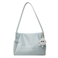 Minimalist light blue faux leather tote bag with MIKAXIQI logo and white plush charm - With Charm / Blue