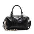 Glossy black leather bowling bag with embossed lettering and designer keychain pendant - Black (With Pendant)