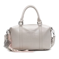 Retro cream-white leather bowling handbag featuring embossed text and dual charms - Beige (With Charm)