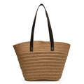 Borsa tote in paglia intrecciata stile francese con manici in pelle marrone scuro - Borsa Cachi