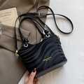 Chic black wave textured bucket bag with gold hardware and top handles for women - Black - Without Pendant