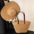 Set borsa tote in paglia e cappello da sole kaki con manici in pelle marrone - Cachi (Con Cappello)