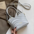 Silver grey wave texture bucket bag with gold hardware and adjustable crossbody strap - Silver - No Charm