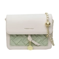 Green woven leather small square bag with white flap and adjustable golden chain strap - Green