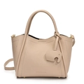 Beige lychee texture leather bucket bag with cute elephant charm and thin strap - Khaki