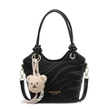 Chic black wave-pattern bucket bag for women with plush bear pendant and strap - Black With Bear Charm