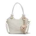 White bucket bag with wave texture, golden hardware and a cute brown plush bear charm - Creamy White + Bear Charm