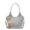 Silver wave pattern bucket bag with golden logo, circular handle and cute bear charm - Silver With Bear Charm