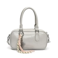 Sac bowling minimaliste gris clair pour femme avec breloque tissée et poignées rondes - Gris Avec Pendentif