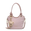 Pink wave pattern bucket bag with bear pendant and adjustable crossbody strap - Pink With Bear Charm