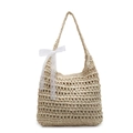 Borsa tote in paglia intrecciata beige con un fiocco di pizzo bianco per l'estate - Bianco Sporco