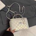 Elegant white quilted mini box bag with silver chain strap and top handle in pearl finish - Pearlescent White (Without Charm)