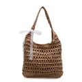 Borsa tote in paglia intrecciata marrone chiaro con fiocco in pizzo bianco - Cachi