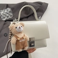 Minimalist white rectangular handbag with silver buckle and cute beige bear charm - White + Khaki Bear