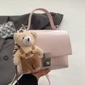 Pink minimalist leather square handbag for women with cute bear charm and silver lock - Light Pink + Khaki Bear