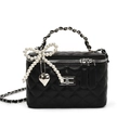 Quilted black leather handbag with pearl bow and silver heart charm pendant - Black + Pearl Bow Heart