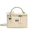 Quilted cream leather handbag with pearl bow charm and metal knot handle in a variant style - White with Pearl Bow Heart