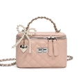 Pink quilted leather crossbody box bag with pearl bow and woven chain handle - Pink + Pearl Bow Heart
