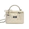 Quilted pearl cream box handbag with metallic handle and decorative bow pendant - Pearlescent White with Pearl Bow Heart