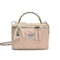 Champagne pink quilted box bag with pearl bow and chain handle in elegant finish - Pearlescent Pink with Pearl Bow Heart