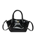 Minimalist black oil wax leather bucket bag with pleated texture and golden metal buckle - Black