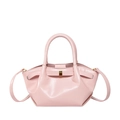 Pink waxed leather bucket bag with pleated texture and golden metal buckle accents - Pink